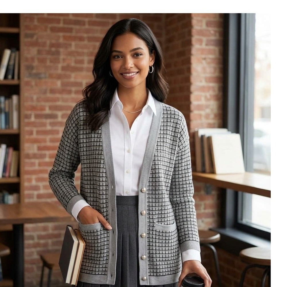 Talbots Cardigan Sweater Womens Small Grey Merino Wool Grid Pearl Buttons